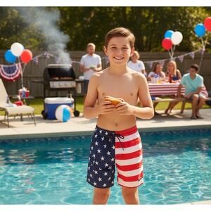 UZZI USA Flag Red White Blue Stars July 4th Swim Trunk Shorts Boys Large